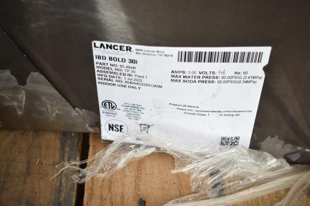 2022 Scotsman NH0622A-1B ice head on Lancer TP30 beverage dispenser with touchscreen, 115V, commercial use. Label shows specs.