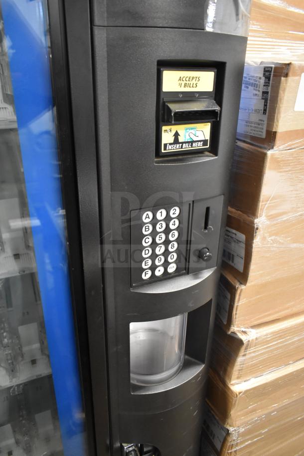 Crane 5800-4 commercial drink vending machine with bill acceptor, keypad, and clear selection window. 115 volts, 1 phase.