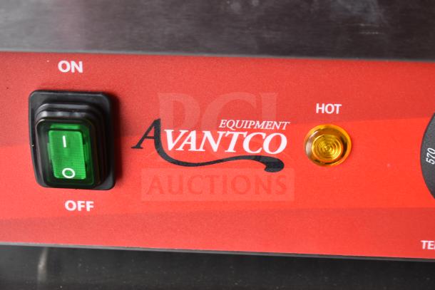 Close-up of Avantco 177PG400 commercial grill control panel with ON/OFF switch and "HOT" indicator light.
