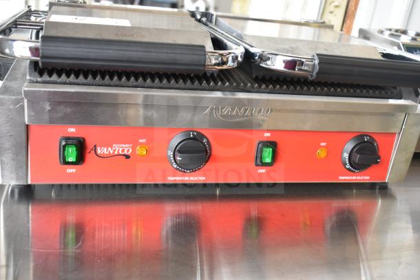 Brand new Avantco 177PG400 dual panini grill, grooved plates, 19 5/8"x9 1/8" surface, 120V, 1 phase, scratch and dent condition.