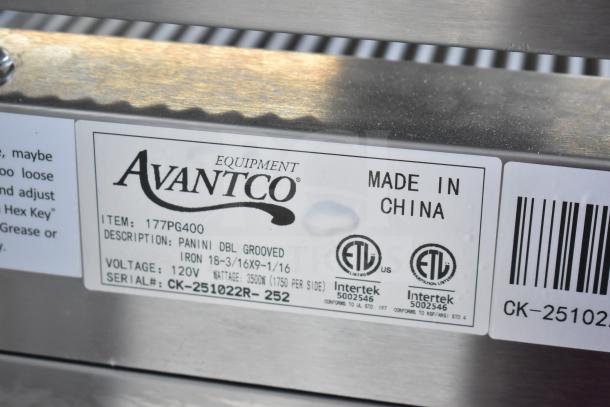 Avantco 177PG400 Commercial Panini Grill label showing model, voltage, and certification marks. Made in China.