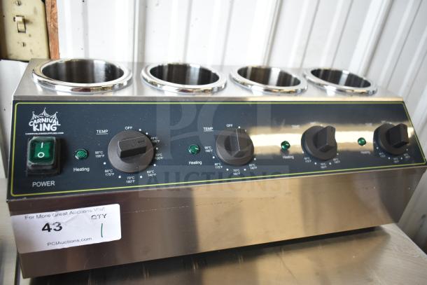 Carnival King 382SBW4 sauce warmer, quad 32 oz. capacity, new scratch and dent, 120 volts, 1 phase, control panel visible.
