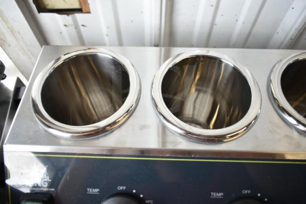 Brand new Carnival King 382SBW4 sauce bottle warmer, quad 32 oz. capacity, stainless steel, 120 volts, minor scratches.