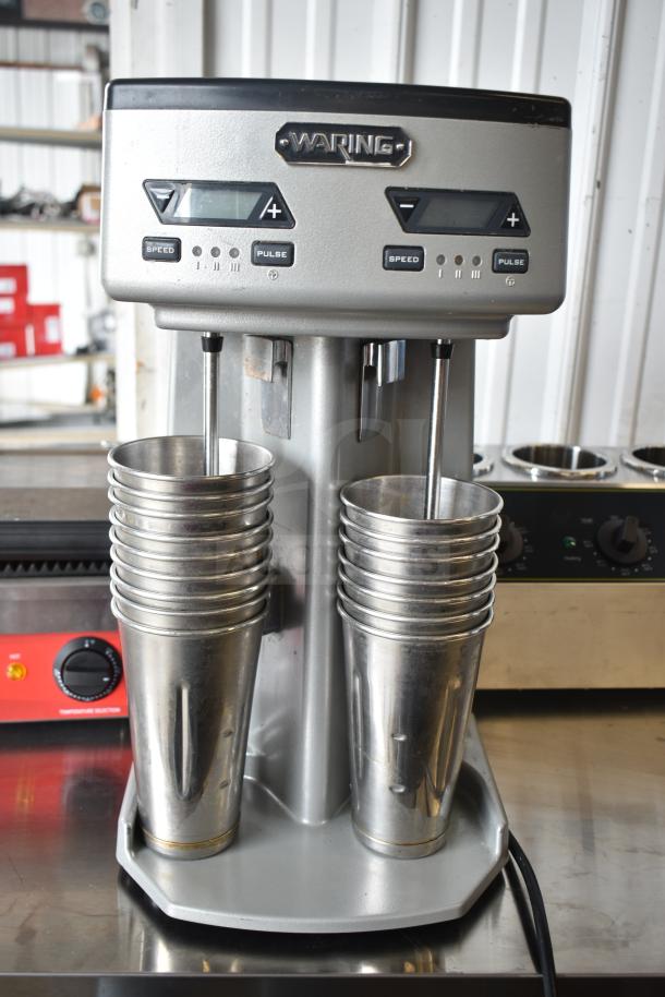 Waring WDM240TX Double Spindle Drink Mixer, three-speed with timer, 120V, 1-phase. Excellent condition, stainless steel cups.