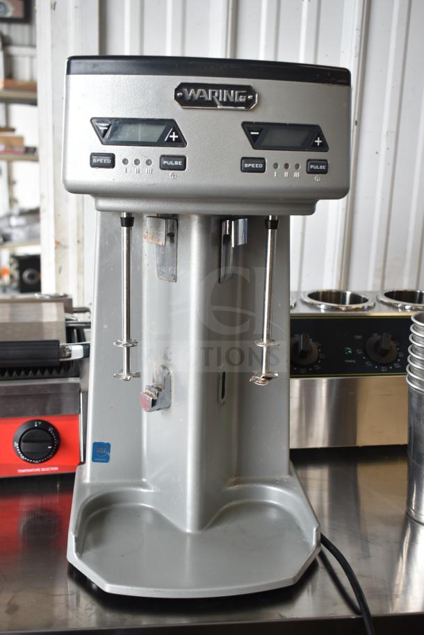 Waring WDM240TX double spindle drink mixer with timer. Features 3 speeds, 120 volts, 1 phase, control panel visible.