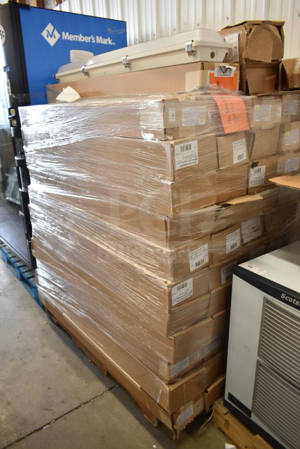Pallet of 60 brand new scratch and dent items including MEG34LED6LDASUNVDIM4080SLTYPE50 4' LED lights, wrapped in plastic.
