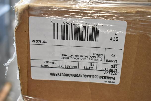 Box of 60 brand new scratch and dent items, including W/MEG34LED6LDASUNVDIM4080SLTYPE50 4' LED light; labeled with details.