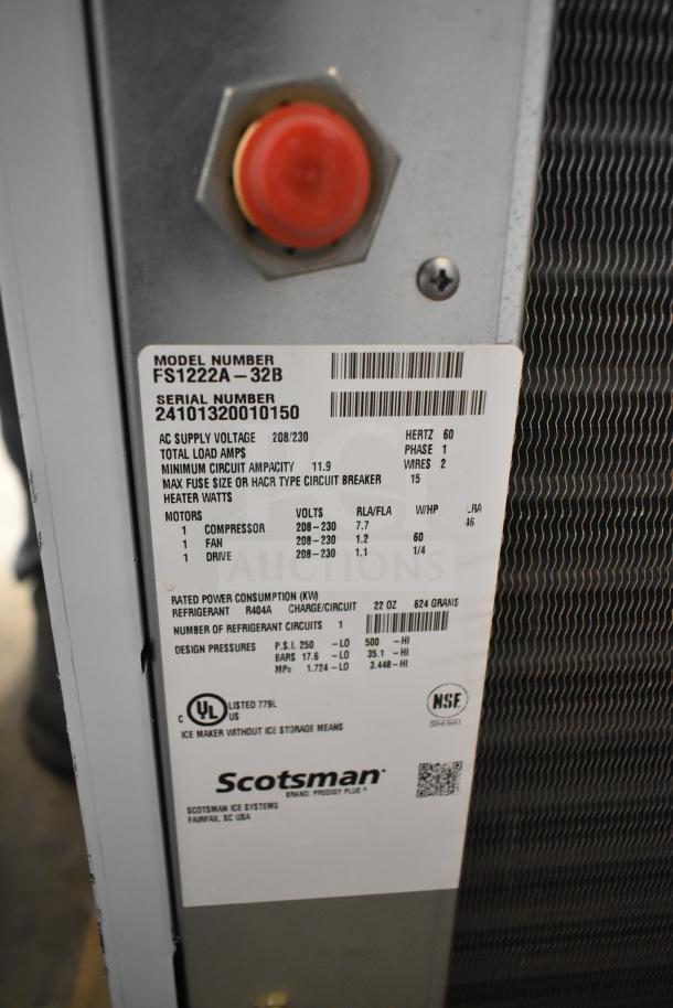 2024 Scotsman FS1222A-32B Flake Ice Machine, Prodigy Plus Series, 1100 lb capacity, 208/230 Volts, 1 Phase, label shown.