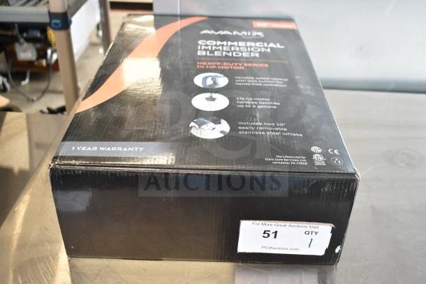 AvaMix 928IBHDW10 Heavy-Duty Immersion Blender with 10" whisk, 1 1/4 hp, new scratch and dent, 115V, 1-phase, 1-year warranty.