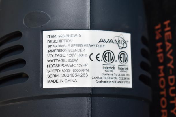 AvaMix 928IBHDW10 Heavy-Duty Variable Speed Immersion Blender, 10" Whisk, 1 1/4 hp, 115V, scratch and dent condition.