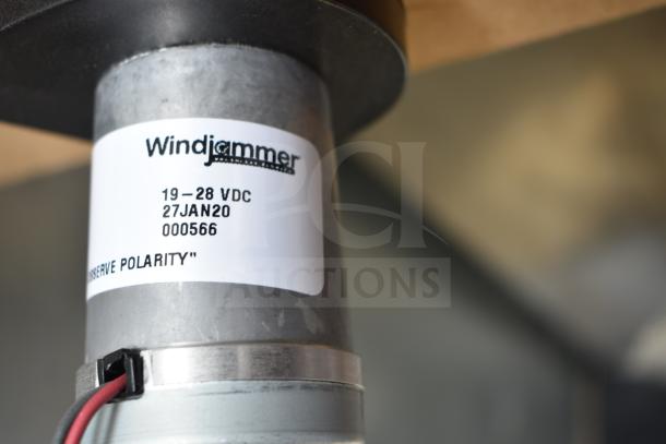WindJammer motor label reads: "19-28 VDC, 27JAN20, 000566, OBSERVE POLARITY." Features a durable metal casing.