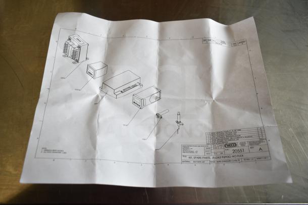 Blueprint for spare parts kit, featuring diagrams of components including CD-45D brushless motor and Ametek WindJammer.