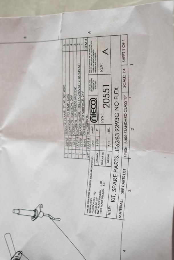 Alt text: Technical drawing with parts list including Nieco control brushless motor, various parts, and specifications.