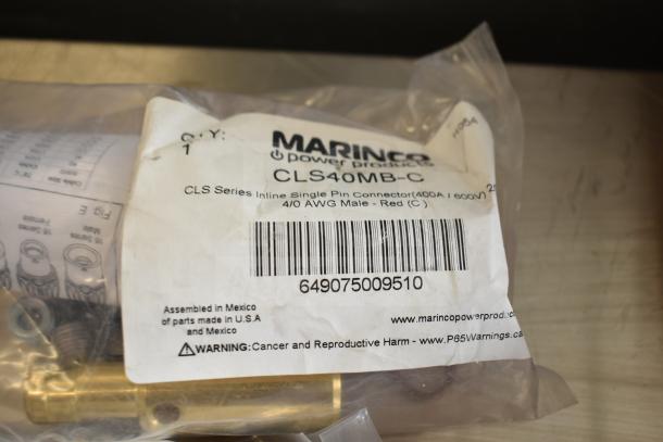 Marinco CLS40MB-C, CLS Series Inline Single Pin Connector, 400A/600V, 4/0 AWG Male, Red, new in package. Assembled in Mexico.