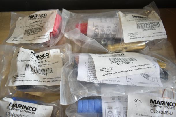 10 Marinco items in sealed bags, models CL40MC-C to CLS40MB-B, new condition, labeled with warnings and product details.