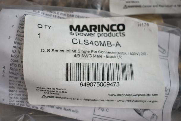 10 Marinco items, including CLS40MB-A single pin connectors. New condition, detailed labels visible.
