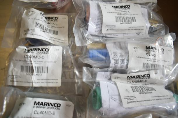 10 Marinco items in packaging, including models CL40MC-C to CLS40MB-B, unopened with labels showing model, use, and quantity.