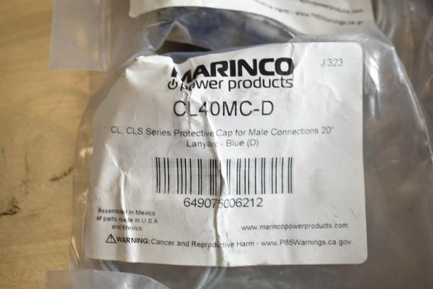 10 Marinco protective caps, models CL40MC-C to CLS40MB-B, in packaging. Includes CL40MC-D with barcode and warning label.