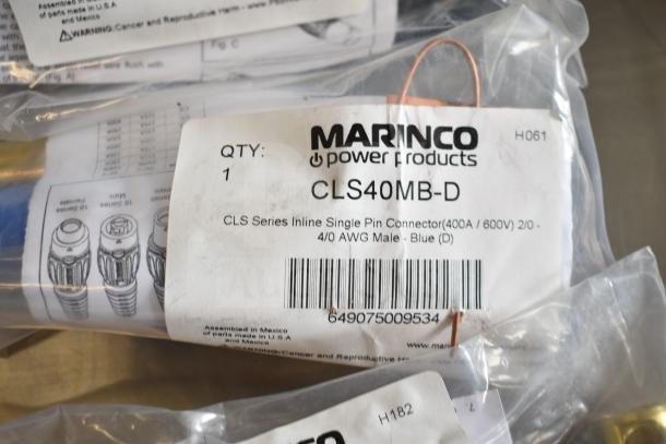 10 Marinco power products, various models, new in packaging. Model shown: CLS40MB-D, single pin connector, 400A/600V, blue.