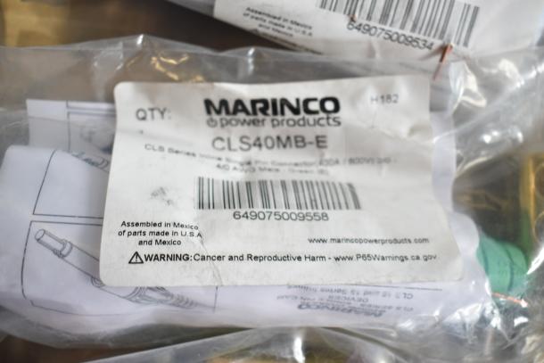 Marinco power product, model CLS40MB-E, in packaging. Made in USA and Mexico. Includes warning label.