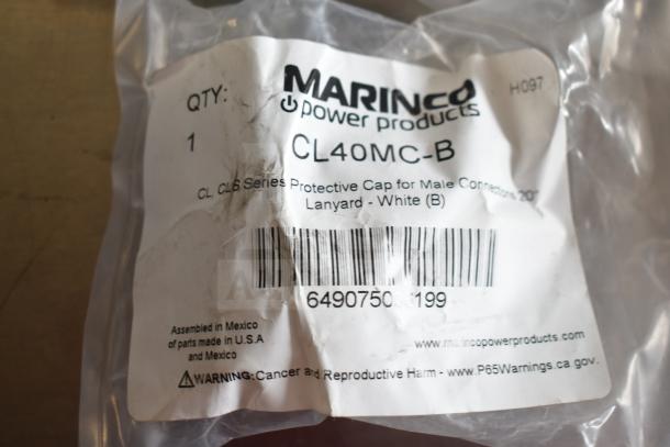 Packaging of Marinco CL40MC-B protective cap for male connections, white. Assembled in Mexico.