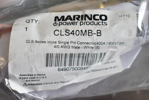 Plastic packaging for Marinco CLS40MB-B inline single pin connector, 400A/600V, 4/0 AWG, white. Made in USA/Mexico.