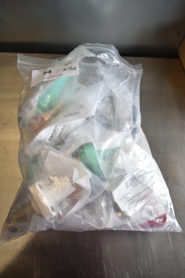 Bag of 15 various Marinco electrical connectors, models CLS40FRB-D to CLS40FB-A, new condition, labeled with model tags.