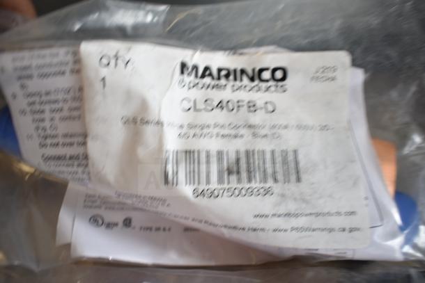 15 Marinco items in packaging, featuring CLS40FB-D, labeled as "CLS Series Male Single Pole Connector, 400A 600V, Blue."