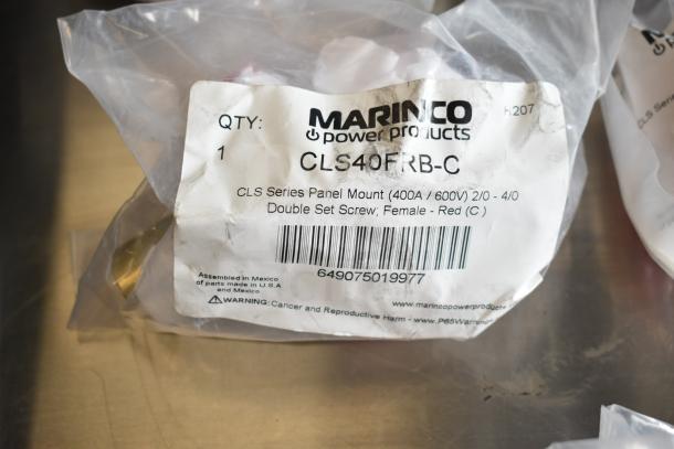 Bag containing Marinco CLS40FRB-C panel mount, 400A/600V, double set screw, female, red, assembled in Mexico.