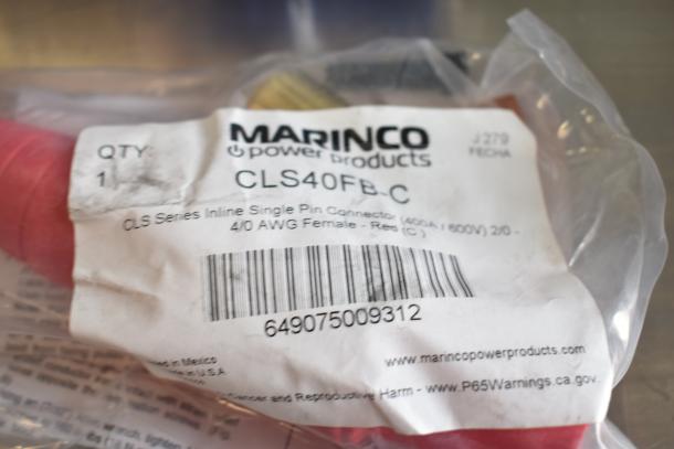 15 Marinco power connectors including CLS40FRB-D, CL40FC-D. New in packaging, labeled, with product codes and specifications.