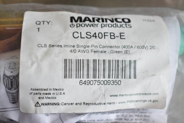 Set of 15 Marinco CLS Series connectors, models CLS40FRB-D to CLS40FB-A, 400A/600V, new in packaging, mixed colors.