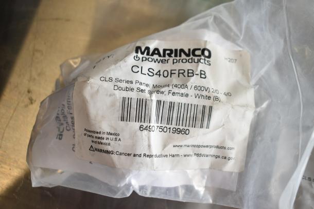 Bag of Marinco CLS40FRB-B power products; panel mount, 400A/600V, double set screw, white, assembled in Mexico.