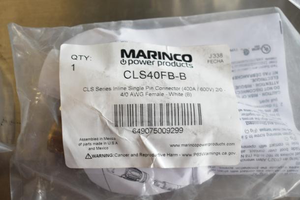 Plastic bag with Marinco CLS40FB-B inline pin connector label, 400A/600V, 4/0 AWG, made in USA and Mexico.