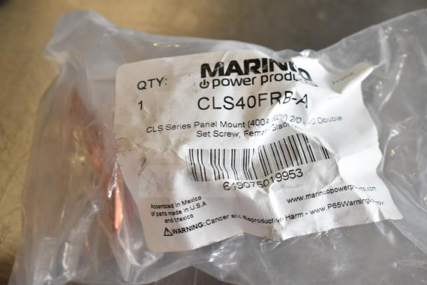 Clear plastic bag containing Marinco CLS40FRB-A panel mount. Label includes model number, barcode, and origin details.