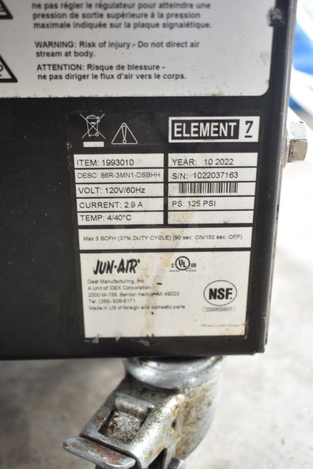 2022 Jun-Air 86R-3MN1-DSBHH stainless steel nitrogen generator, commercial casters, 120V, 1 phase, model details visible.