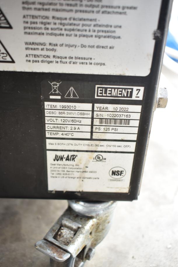 2022 Jun-Air 86R-3MN1-DSBHH stainless steel nitrogen generator on casters; 120V, 1 phase; serial number 1022037163.