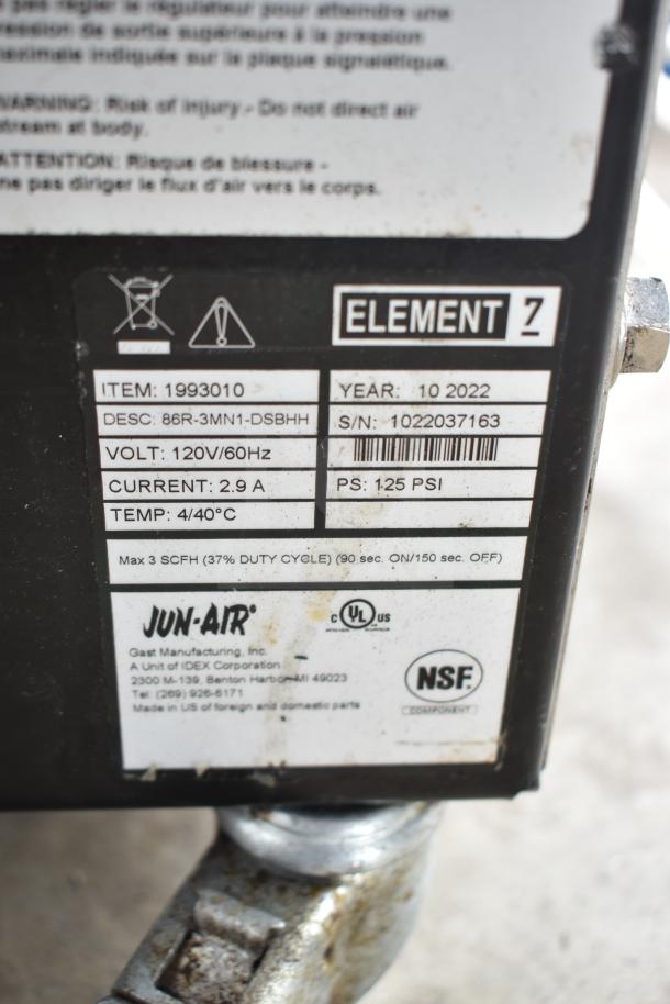 2022 Jun-Air 86R-3MN1-DSBHH Stainless Steel Nitro Brew Nitrogen Generator, 120V, 1 Phase, commercial casters, NSF certified.