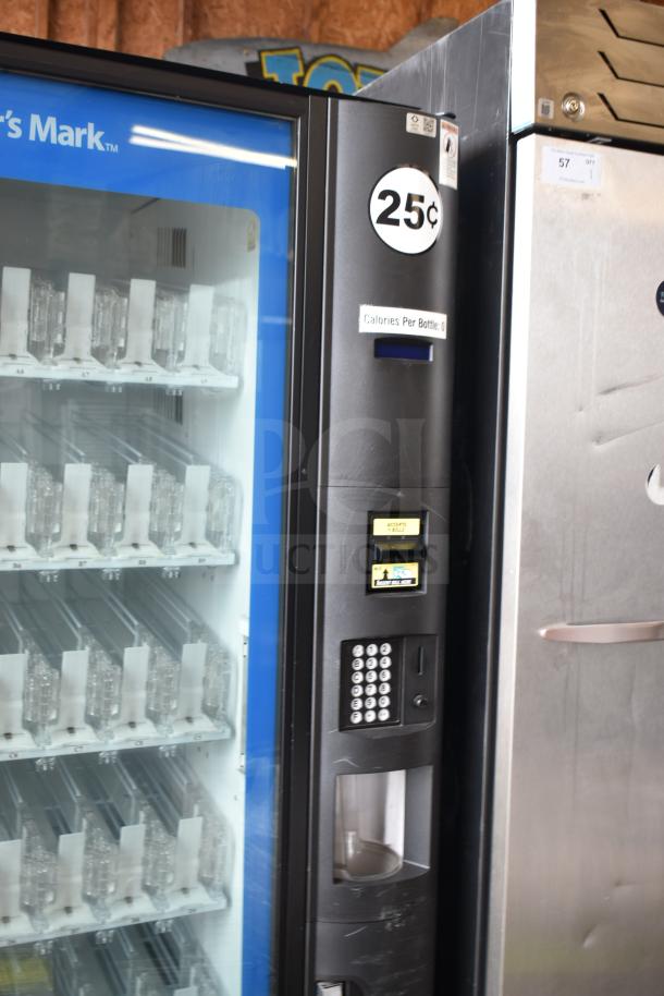 Crane 5800-4 metal commercial drink vending machine with bill acceptor, 115V, 1 phase, 25¢ sticker, keypad, good condition.