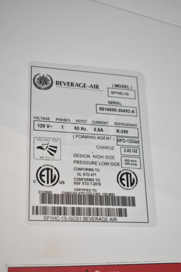 Beverage Air SF1HC-1S commercial freezer label showing specs: 115V, 1 phase, ETL listed, refrigerant R-290, made in Mexico.