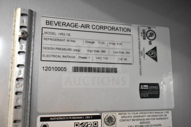 Beverage Air HR2-1S label showing model, refrigerant R134a, 115V, 1 phase, and UL certification details.