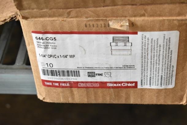 Cardboard box with a Sioux Chief label for 1-1/4" CPVC x 1-1/4" MIP straight adapters. Contains 10 adapters.