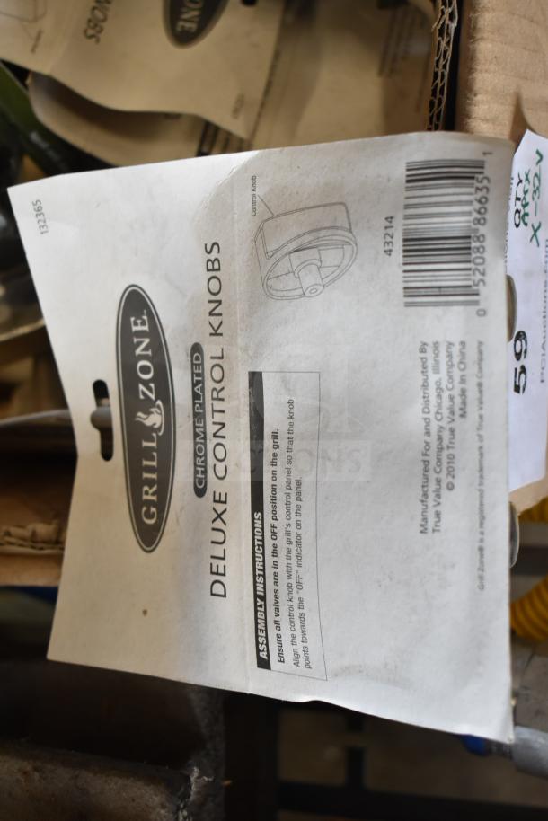 Grill Zone Deluxe Control Knobs, chrome plated, model 43214, with packaging. Includes assembly instructions and barcode.