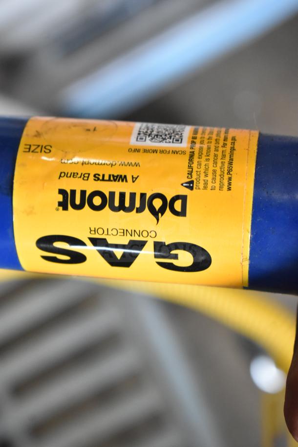 Gas hose labeled "Dormont" with safety warnings; bright yellow and blue, part of a 32-item auction lot.