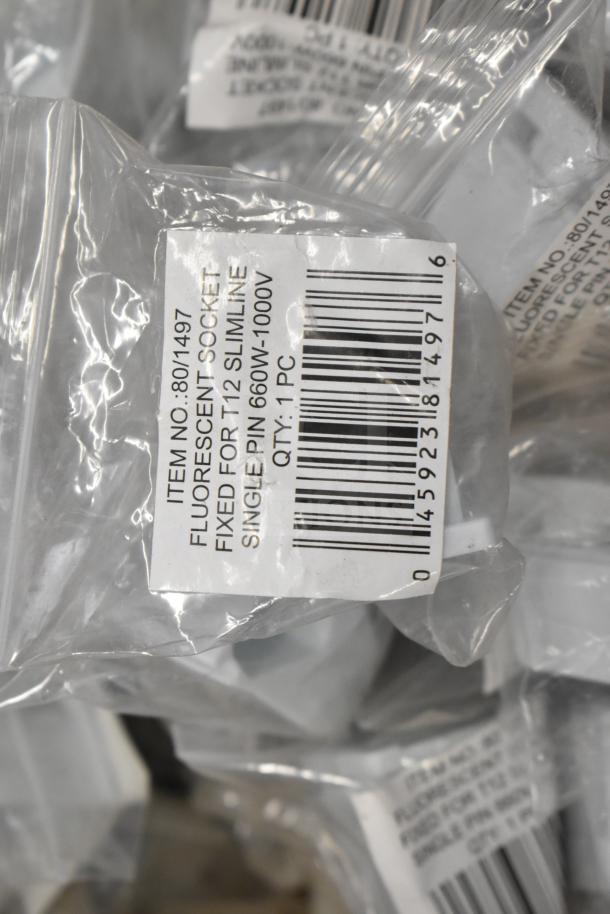 Plastic bag with fluorescent socket, Item No: 80/1497, for T12 Slimline, 660W-1000V, quantity: 1, with barcode.