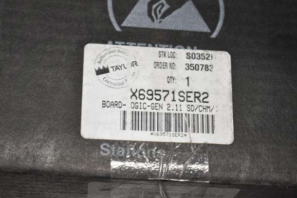 Label on Taylor genuine parts box, showing STK LOC: S0352I, ORDER NO: 350783, QTY: 1, BOARD MODEL X69571SER2.