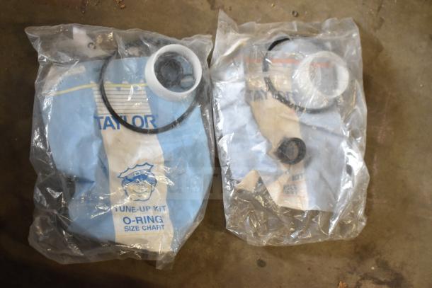 Plastic bags of Taylor ice cream machine parts, including O-rings, labeled "Tune-Up Kit O-Ring Size Chart."