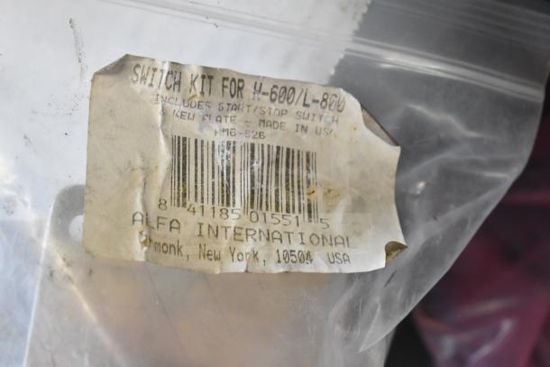 Bag labeled "Switch Kit for H-600/L-800" includes start/stop switch, made in USA by Alfa International, slightly worn label.