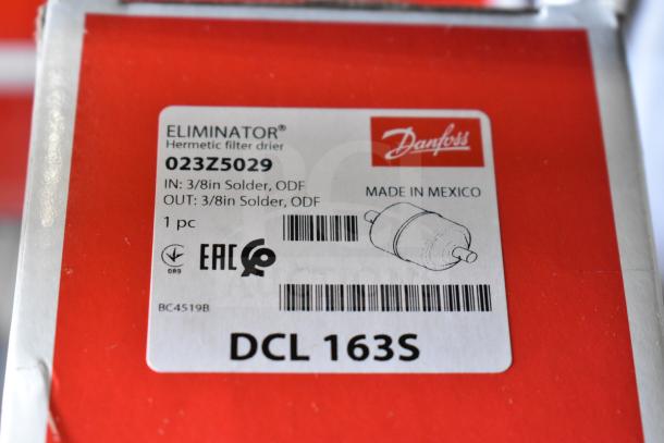Danfoss Eliminator Filter Drier 023Z5029, 3/8in Solder fittings, Made in Mexico, model DCL 163S. Box label shown.