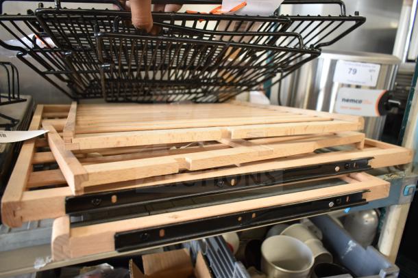 13 various items with wooden shelves and metal baskets. Includes AvaValley baskets and shelves. Excellent condition.