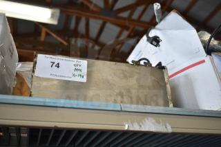 Box of 19 assorted items including wires and a drip tray, visible auction tag marked with "74, QTY, X-19".